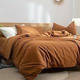 JYhoney Conjunto De Capa De Edredom De Abóbora Caramelo Tamanho Queen 3 Peças De Capas De Edredom Laranja Queimado Estilo Minimalista Moderno Ferrugem Cor Sólida Conjunto De Cama De Casal De
