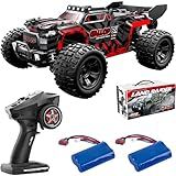 KAIMIO 1 18 Scale RC Monster Truck 40km H Speed 4X4 All Terrain Off Road RC Truck Waterproof Electric RC Vehicle With Roof Lights And Heads Up Wheels With 2 Batteries Red