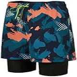 KANAV Calção De Banho Masculino Com Forro De Compressão 2 Em 1 De Secagem Rápida- Shorts Forrados- Azul-laranja- M