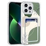 KANKENLU Capa De Telefone Transparente Verde Folha De Linha Minimalista Abstrata Compatível Com IPhone 14 Pro Max Com Porta Cartão Capa Estética Para Mulheres E Meninas Capa Carteira Fina Com Compartimento Para Cartão