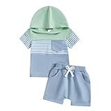Karesoull Conjunto De Roupas De Verão Para Bebês Meninos Blusa De Manga Curta E Shorts Elásticos Lindo Traje Infantil Com Capuz Listra Azul 3 6 Meses