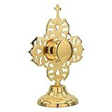 KEEPSAKE COMPANY Relicário De Latão Sólido Banhado A Ouro De 24 Quilates - Design De Malha Com Decoração Cruzada- Base Gravada- Relicário Sólido Pesado Para Relíquias- Acessório De Altar Católico