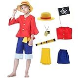 Kid Luffy Costume Anime One Straw Hat Boy Piece Cosplay Dress Up Set Halloween Outfits (kid-120, Red)