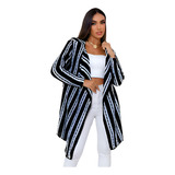 Kimono Cardigan Manga Longa Feminino Longo Listrado Inverno