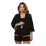 Kimono Curto Pompons Coloridos