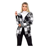 Kimono Xadrez Feminino Blusa Cardigan Manga Longa Tricot