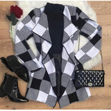 Kimono Xadrez Feminino Blusa Cardigan Manga Longa Tricot