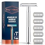 King C. Gillette, Aparelho De Barbear Clássico + 5 Lâminas De Barbear Com Duplo Fio, Aço Inoxidável, Barbeador Para Homens, Cuidado Para Barba