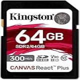 Kingston Cartão SD Canvas React Plus De 64 GB SDXC UHS II 300R 260W U3 V90 Full HD 4K 8K SDR2 64 GB SDR2 64GB Preto