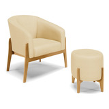 Kit 01 Poltrona E 01 Puff Stella Veludo Luxo Base Madeira Cor A129 Off White