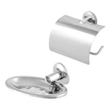 Kit 01 Porta Papeleira Metal Inox 01 Porta Saboneteira