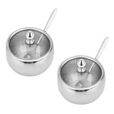 Kit 02 Açucareiro Inox Tampa De Vidro Colher Cozinha 300ml Cor Prateado