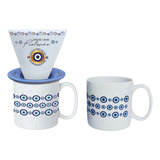 Kit 02 Canecas Porcelanas Café Chá 01 Coador Olho Grego