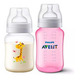 Kit 02 Pcs Mamadeira Classica Avent 260ml Girafa 260ml Rosa