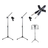 Kit 02 Pedestais Para Microfone 02 Cachimbos Cabo Estante