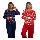 Kit 02 Pijamas Feminino De Inverno Suede Manga Longa Frio
