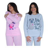 Kit 02 Pijamas Feminino Plush Fleece Longo Quentinho Inverno