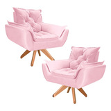Kit 02 Poltrona Opala Giratória Base Madeira Suede D Rost Cor Rosa claro