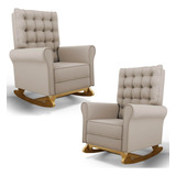 Kit 02 Poltronas Amamentação Base Balanço Brenda Veludo Bege Cor Creme