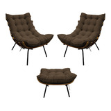 Kit 02 Poltronas E Puff Costela Base Fixa Suede Marrom