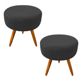 Kit 02 Puff Banqueta Berlim Redondo Suede Preto Pés Castanho