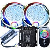Kit 02pçs Refletores De Piscina Led 15w Rgb 01 Controle Touch 16milhoes De Cores 01 Fonte Blindada 02 Rosca 1 2