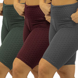 Kit 03 Bermuda Feminina Bolha Suplex Com Cós Alto Fitness