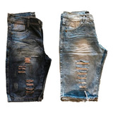 Kit 03 Bermudas Jeans Rasgada Masculina Slim Destroyed