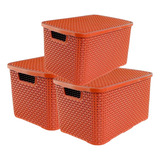 Kit 03 Caixa Organizadora Cesto Com Tampa 15 Litros Preta