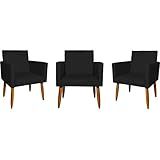 Kit 03 Poltrona Decorativa Cadeira Reforçada Recepção Confortável Nina Suede Preto Pé Castanho Clique E Decore