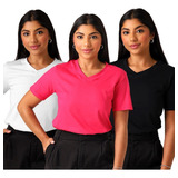 Kit 03 T Shirt Feminina Básica Gola V Algodão Premium 