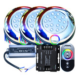 Kit 03pçs Refletores De Piscina Led 15w Rgb 01 Controle Touch 16milhoes De Cores 01 Fonte Blindada 03 Rosca 1 2