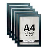 Kit 05 Molduras A4 21x30Cm Com Vidro E Fundo Para Quadros Diplomas Retratos Cor Preta