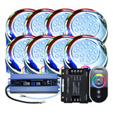 Kit 08pçs Refletores De Piscina Led 15w Rgb 01 Controle Touch 16milhoes De Cores 01 Fonte Blindada 08 Rosca 1 2