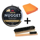 Kit 1 Graxa Nugget Preto 2 Escovas 1 Flanela Polidor Sapato
