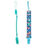 Kit 1 Prendedor De Chupetas Estampado E 1 Prendedor De Chupetas Mola Pietra Baby Menino Menina Infantil Bico Clipe Corrente Universal Top Trava Cordão Criança Feminino Masculino  Verde E Robôzinho 