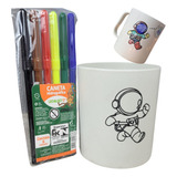 Kit 10 Caneca Para Colorir Astronauta 10 Canetinha 6 Cores