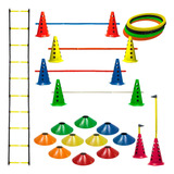 Kit 10 Cones C 5 Barreiras 10 Pratos Funiconais 12 Argolas Agilidade Com Bolsa Escada Funcional Ajustável