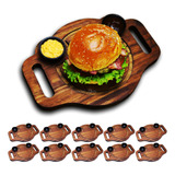Kit 10 Tábuas Madeira E Molheiras Pretas Servir Hamburguer
