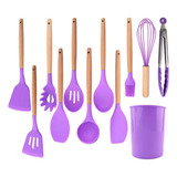 Kit 11 Utensílios Cozinha Silicone Cabo Madeira Conjunto