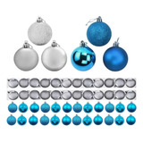 Kit 12 Bola De Natal Mista 7cm Azul E Prata Decoração Árvore