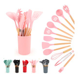 Kit 12 Colheres De Cozinha Em Silicone Com Cabo Em Madeira