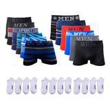 Kit 12 Cuecas Boxer Adulto 12 Pares De Meias Sport