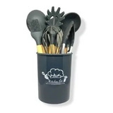 Kit 12 Pçs Utensílios De Cozinha Em Silicone Cabo Madeira Cor Cinza