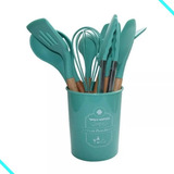Kit 12 Peças Talheres Silicone Balde Utensílios De Cozinha Cor Azul Esverdeado