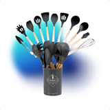 Kit 12 Peças Utensílios Cozinha Silicone Cabo Madeira