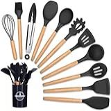Kit 12 Peças Utensílios De Cozinha Em Silicone Antiaderentes Com Cabo De Madeira Com Suporte Colher Espátula Pegador Concha Fue Pincel Escumadeira Copo Anti Risco Premium REALIZA ECOMM Preto 