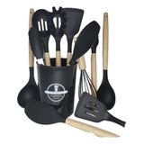Kit 12 Peças Utensílios De Cozinha Silicone Cabo De Madeira