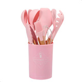 Kit 12 Peças Utensílios Silicone Cabo Madeira Fouet Pegador