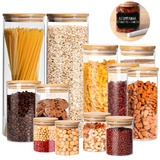 Kit 12 Potes De Vidro Com Tampa De Bambu Herméticos Porta Tempero